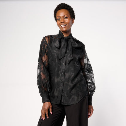 Elegant WynneCollection Embellished Chiffon Bow Blouse with Inner Tank