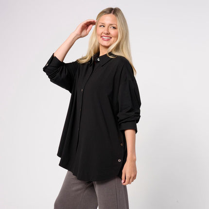 MarlaWynne WynneLayers Cotton Curved Hem Side Button Down Shirt